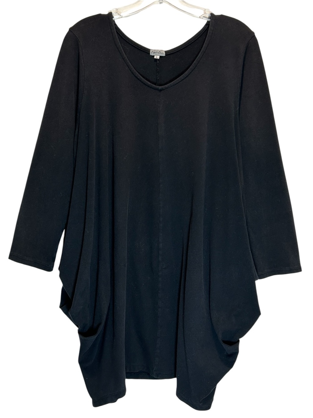 Black Cotton Knit Lagenlook Barrel Drape Tunic, Relaxed Fit, 3/4 Sleeves - Large